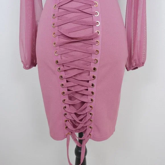 Iris Mauve Pink Sheer Mock Neck Long Sleeve Corset Lace Up SZ S Sexy Y2K Dress - Picture 5 of 14